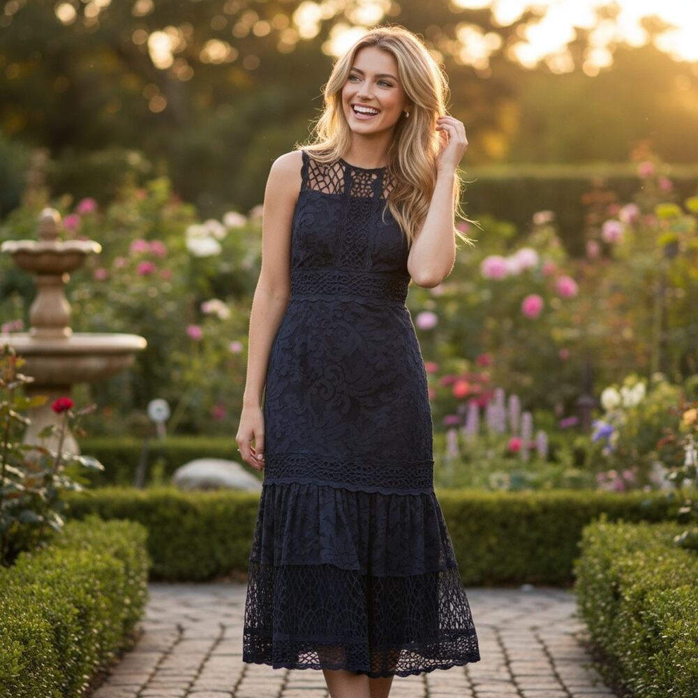 Antonio Melani Dress Women’s Sz 2 Navy Lace Midi Sleeveless Fit & Flare Cocktail - Picture 12 of 13
